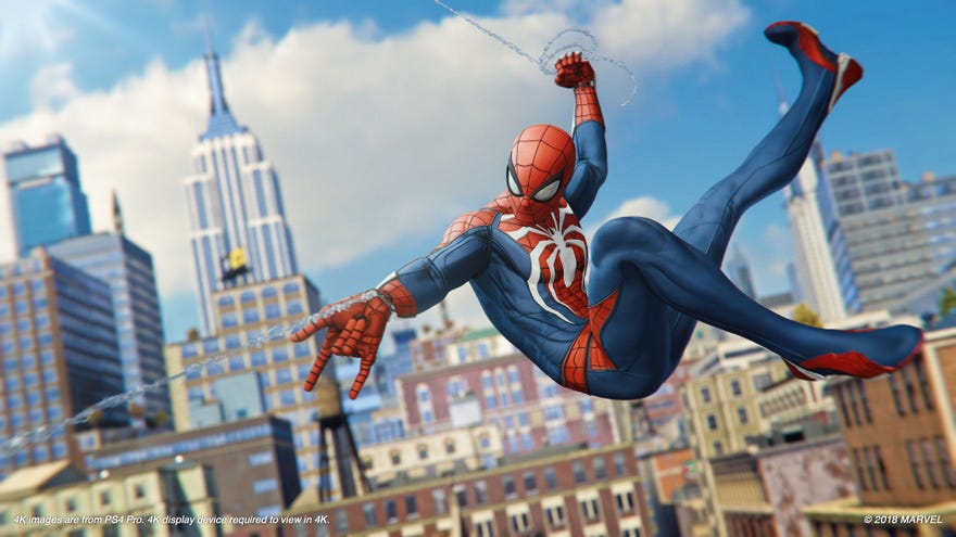 Spider-Man swinging around New York City in a screenshot from Marvel's Spider-Man on PlayStation 4 Pro.