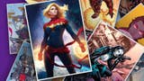 卡与惊奇漫画超级英雄,其中最著名的是神奇队长,站在发光的拳头,头发飘逸,红色和蓝色西装。这是典型的。