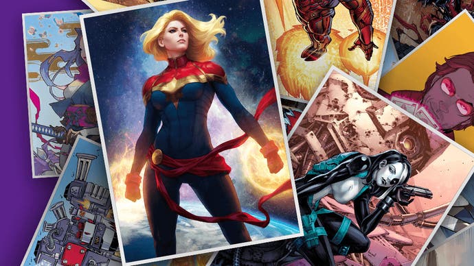 Cards with Marvel superheroes on, the most prominent of which is Captain Marvel, stood with glowing fists, hair flowing, red and blue suit. It's quintessentially them.
