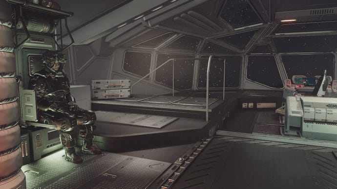 The player's character sitting by herself all alone on a starship in Starfield.