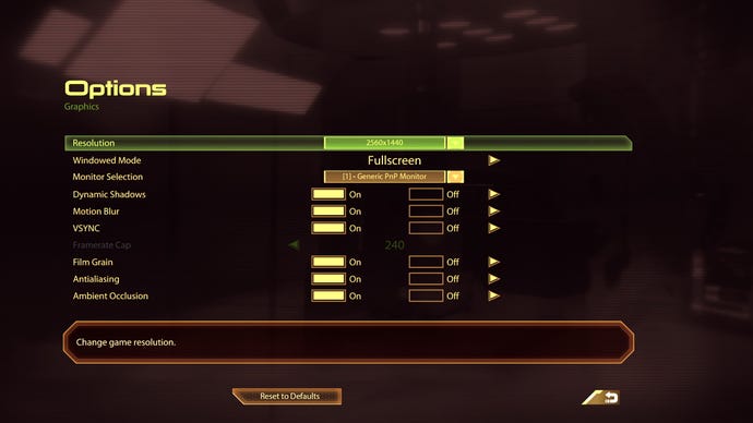 The PC settings menu for Mass Effect 2 in Mass Effect Legendary Edition