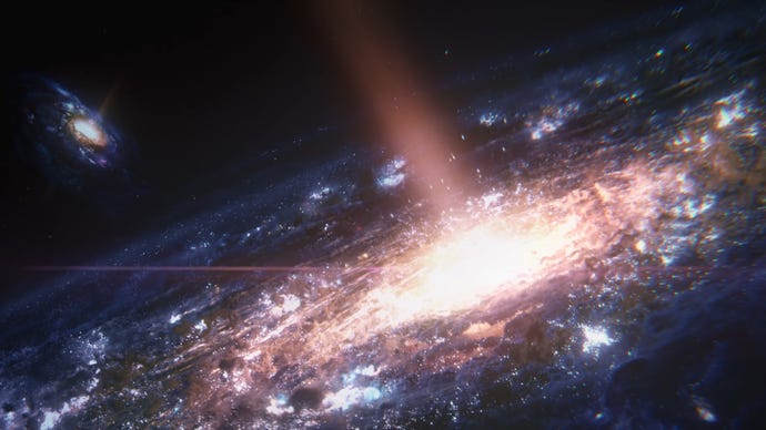 The Milky Way di latar depan dengan Galaxy Andromeda di latar belakang, dalam pukulan pembukaan treler Teaser Mass Effect 5