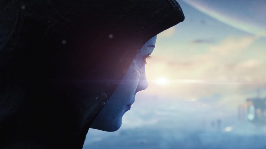 Liara smiles towards the horizon in the Mass Effect 5 teaser trailer.