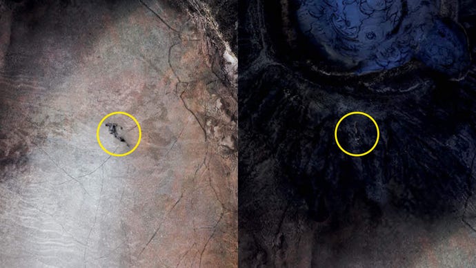 Dua bahagian poster Mass Effect 5 yang menonjolkan lokasi dua mayat di atas tanah