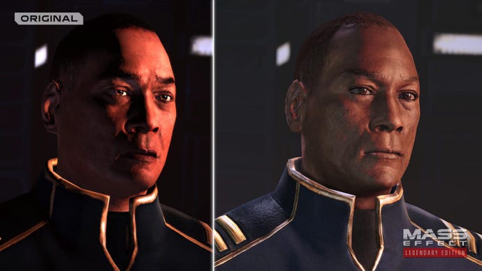 A screenshot comparing the original Mass Effect to the remastered graphics of Mass Effect: Legendary Edition. The comparison is of Captain David Anderson.