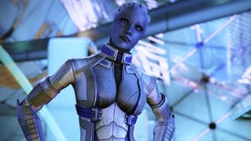 A still from the Mass Effect: Legendary Edition trailer that shows Liara standing in front of some blue background