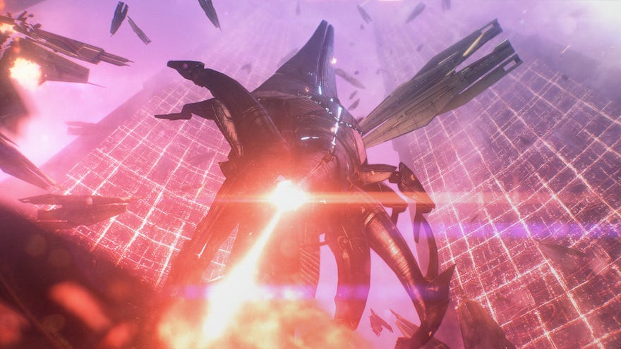 Reaper attack on the Citadel in a Mass Effect Legendary Edition screenshot.