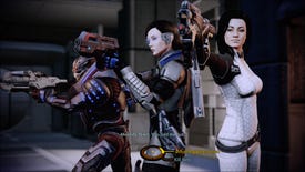 Miranda's loyalty mission in Mass Effect 2, the squad are aiming their guns at a trecherous dude.