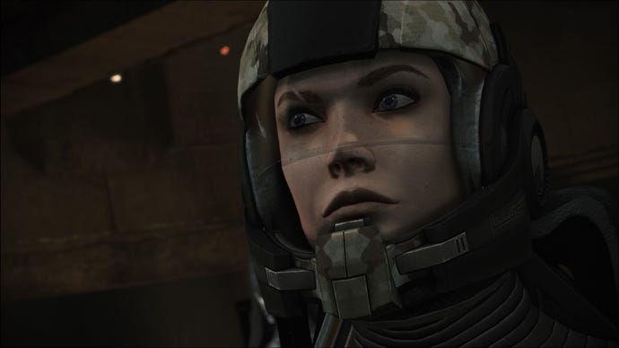 A close up of Mass Effect's Commander Shepard doing a thousand-yard stare.