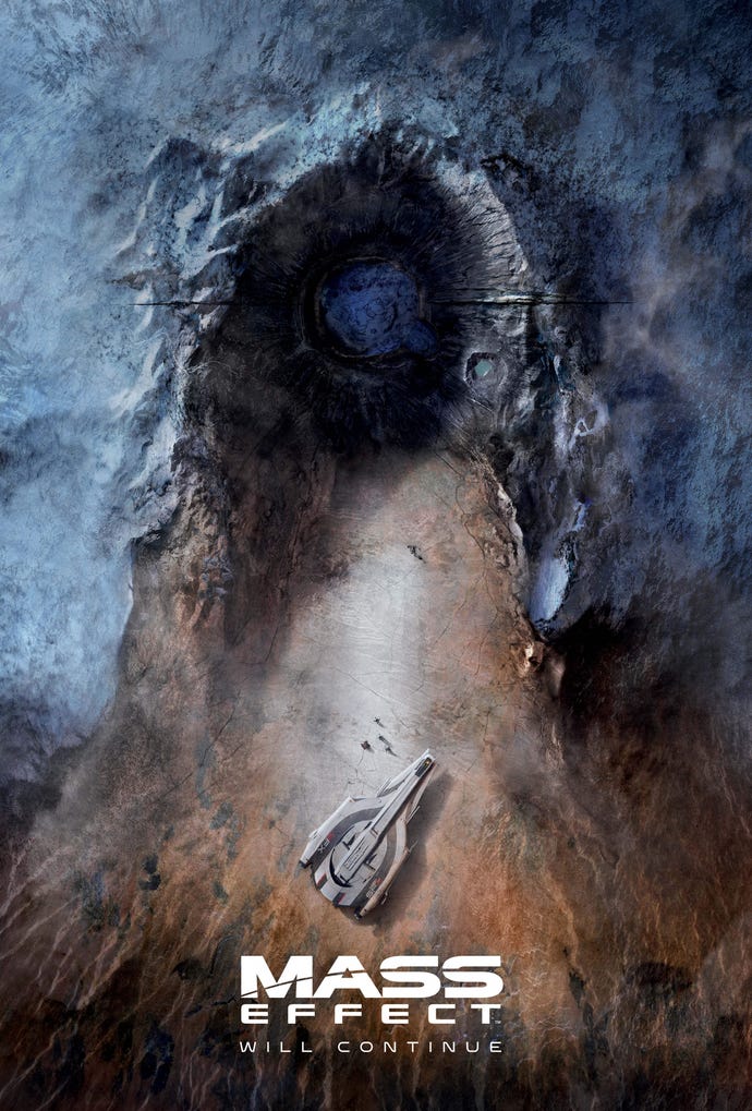 The full teaser poster for Mass Effect 5. It features a large geth-shaped crater, a ship that looks like it's out of Andromeda, and four tiny figures wandering towards the crater.