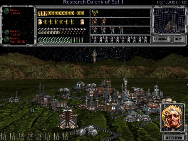 A screenshot of Master Of Orion 2, showing menu screens and a space colony