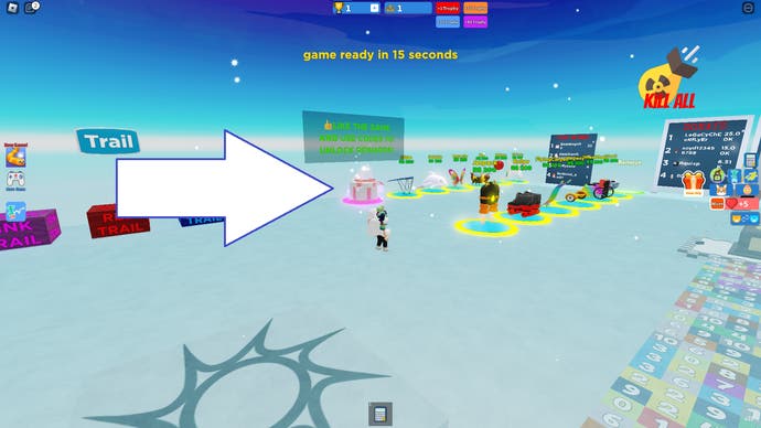 A screenshot from Math Block Race in Roblox showing the lobby area with an arrow pointing to the codes area.