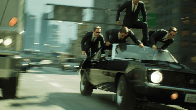 The Matrix Awakens demo for Unreal Engine 5, showing a group of agents atop a moving car enhanced by ray tracing reflections.