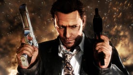 Max Payne 3 - Max Payne holding two pistols and standing in front of an explosion.
