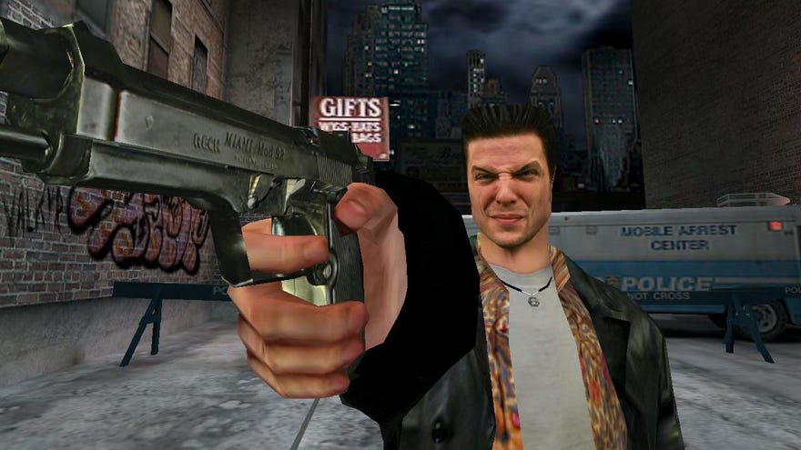 Max squints and shoots in a Max Payne screenshot.