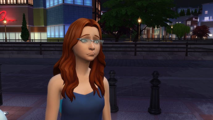 A distressed-looking female Sim with red hair pouts in front of a nightclub district, in a promotional screenshot for the Meaningful Stories mod.