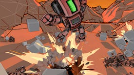 A robot is propelled into the air by an explosion in physics-based brawler Mecha Mayhem.