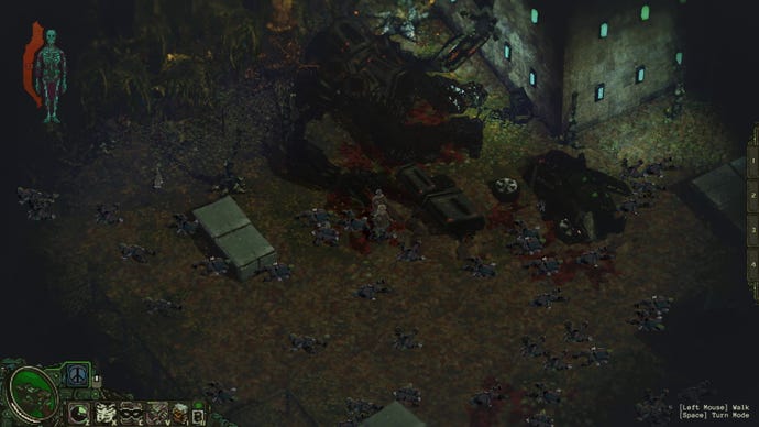 A fallen Vykinaut machine surrounded by dozens of dead bodies in Mechajammer