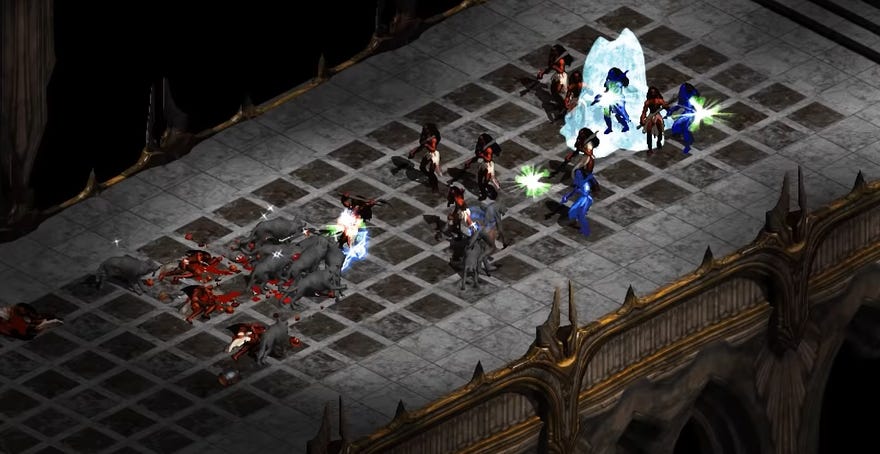 A screenshot of Median XL, a Diablo 2 mod, showing the player surrounded by enemies on a grey bridge.