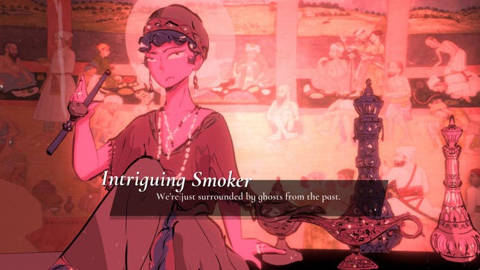 An illustration from Mediterranea Inferno showing a character, referred to as "Intriguing Smoker", sat in an elegant smock and headscarf, and bathed in the pink glow of the setting evening sun. They are saying, "We're just surrounded by ghosts from the past."