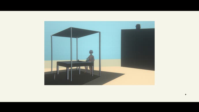 A stark illustration from Mediterranea Inferno showing a blond young man, Andrea, sat at a table beneath a pergola, almost a silhouette against the bright summer sun.