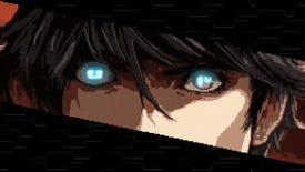 A close-up on eyes glowing with computer data in Memory Detective: Akira.