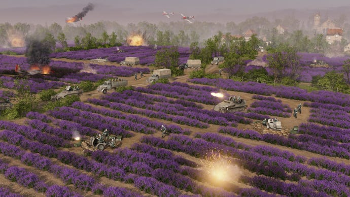 Tanks and armed trucks fire at the sky as they drive across lavender fields in Men Of War 2