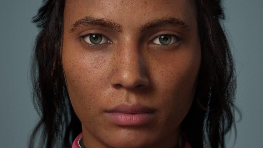 A still image showing a close-up of a female character's face from MetaHuman creator. The person is staring blankly forward. They have loose hair and freckles.