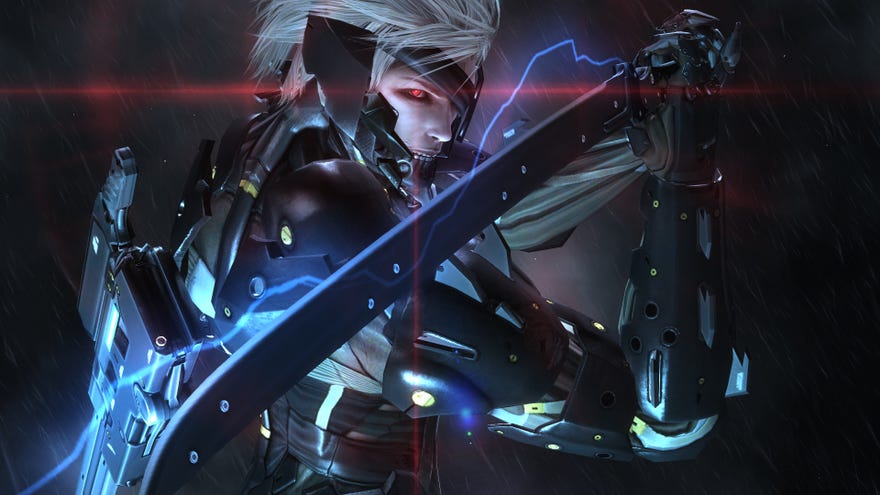 Raiden strikes an edgy pose with his sword in a Metal Gear Rising: Revengeance screenshot.