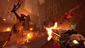 Blasting demons with a shotgun in hellish city streets in a Metal: Hellsinger screenshot.