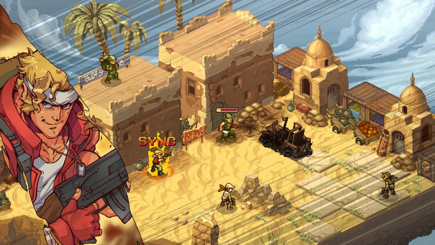 An image of Metal Slug Tactics, showing an isometric battlefield with colourful 2D sprite art of a desert battlefield.