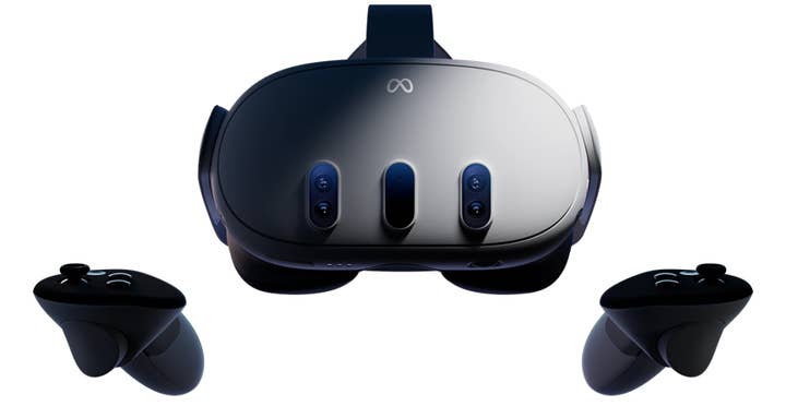A product promo image of the Meta Quest 3 headset with two controllers