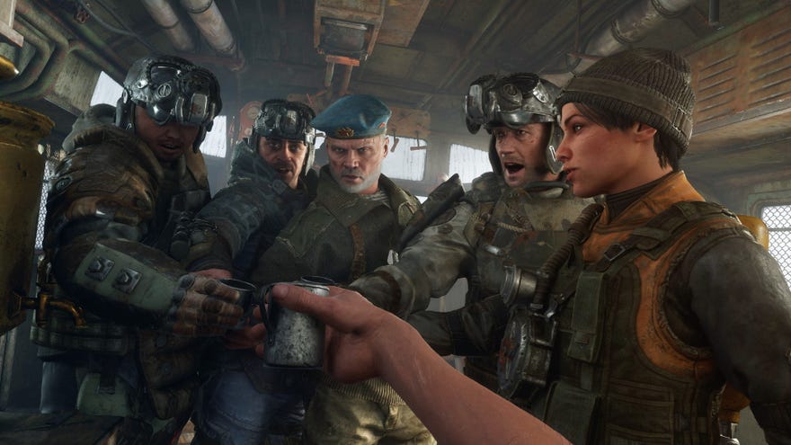 Metro Exodus characters clinking drinks on the train
