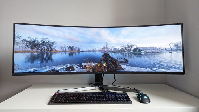 A photo of an ultrawide gaming monitor running Metro Exodus