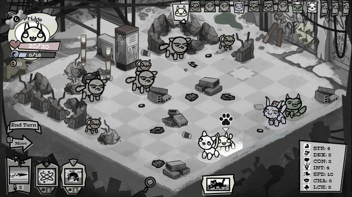Several cats face off on an isometric combat grid in Mewgenics