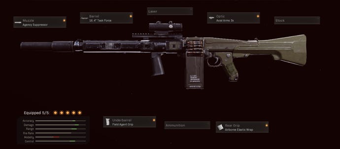 This MG82 loadout has the agency suppressor, 16.4 inch task force barrel, axial arms 3x optic, field agent grip, and airborne elastic wrap.