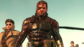 A bloodied Snake and co. walk towards the camera in MGSV.