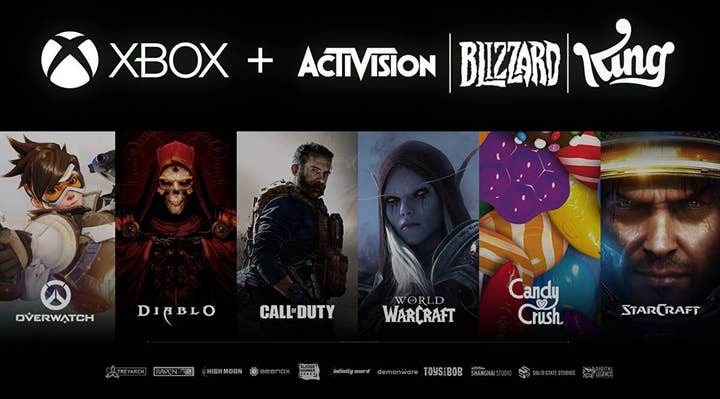 Image showing Xbox + Activision | Blizzard | King with pictures of the franchises and studios included in the deal