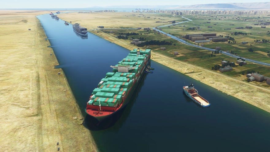 A Microsoft Flight Simulator mod screenshot showing the Ever Green stuck in the Suez Canal.