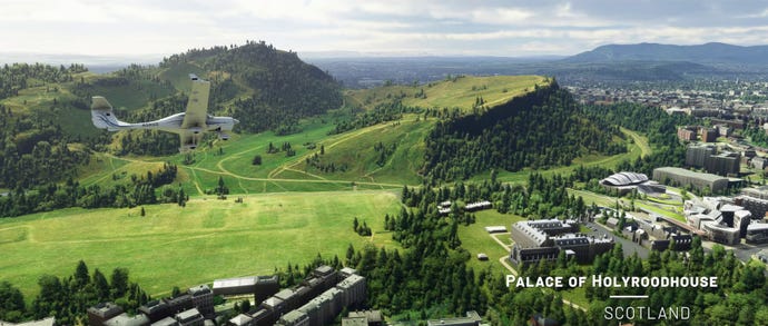 Arthur's Seat looks unusually forested in a screenshot from Microsoft Flight Simulator's UK update.