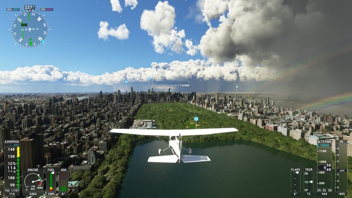 A small plane flies over New York's Central Park in Microsoft Flight Simulator.