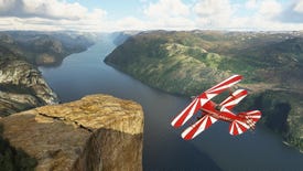 A stunt plane flies over a gorgeous Nordic landscape in Microsoft Flight Simulator.