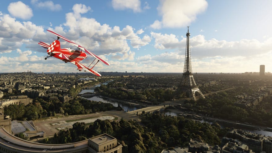 A screenshot of Microsoft Flight Simulator, showing Paris, France after the polish of World Update 4 has been applied.
