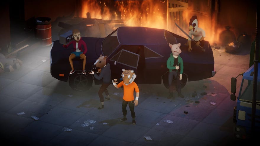 Five people in animal masks crouch atop an American muscle car backed by a burning trashheap in Midnight Fight Express.
