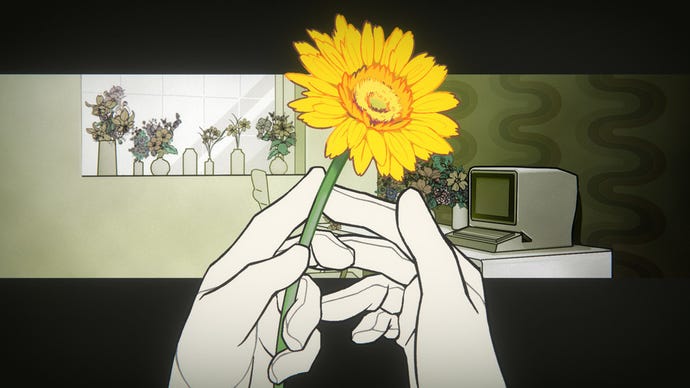 The protagonist in Mindhack holds a yellow flower in their gloved hands