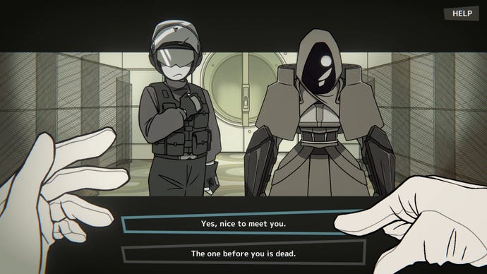 The Mindhack protagonist meets two imposing figures, both resembling futuristic cops or guards of some kind