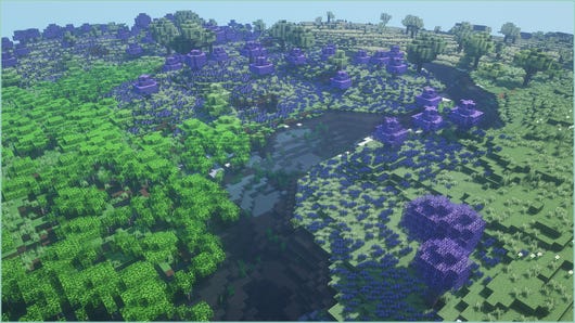 A Minecraft screenshot of multiple biomes added by the Biomes O' Plenty mod.