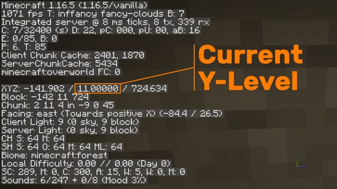 צילום מסך של Minecraft המציג היכן מוצג הקואורדינטה הנוכחית ברמת ה- Y שלך בשכבת העל באגים