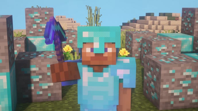 Uma captura de tela do Minecraft de um jogador vestida com armadura de diamante encantada, cercada por minério de diamante e blocos de diamante