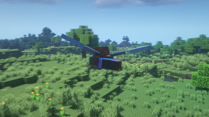 A Minecraft screenshot of the player flying through the air with Elytra.